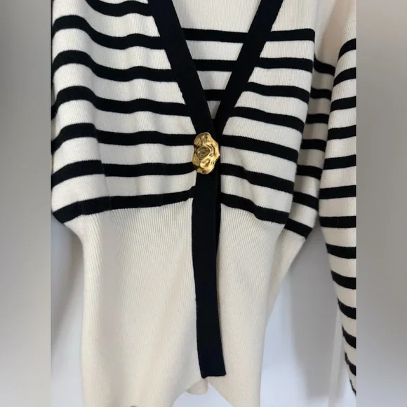 Commense Contrast Striped Metal-Button Knit Black and White Striped Cardigan - Picture 7 of 8